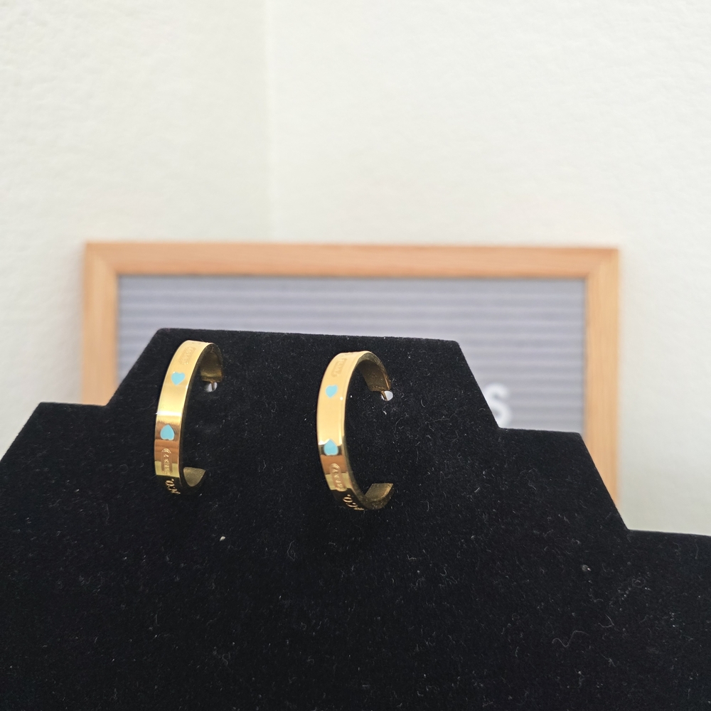 Gold Earrings with Tiffany Blue Heart Accents Fashion Inspired Jewelry - Picture 2 of 3